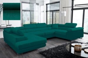 Athena U Shape Sofa Bed with storage and adjustable headrests in bottle green colour Lava Corners
