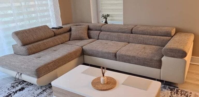 Athena Corner Sofa Bed with Storage in cream and brown fabric from Lava Corners