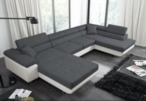 Allure U Shape sofa bed with adjustable headrests in white fabric on the bottom and dark grey fabric on top Lava Corners