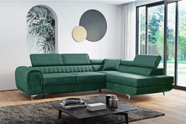 Amelia bottle green corner sofa bed with storage, stain resistant velvet Lava Furniture Store Ireland