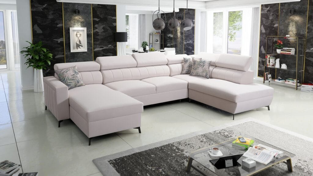 Lava Furniture Store U shape sofa bed in light cream colour, with black metal legs and 3 light grey cushions