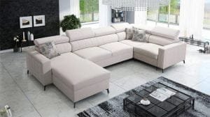 Lava Furniture Store, U shape sofa bed with black metal legs and 3 light grey cushions
