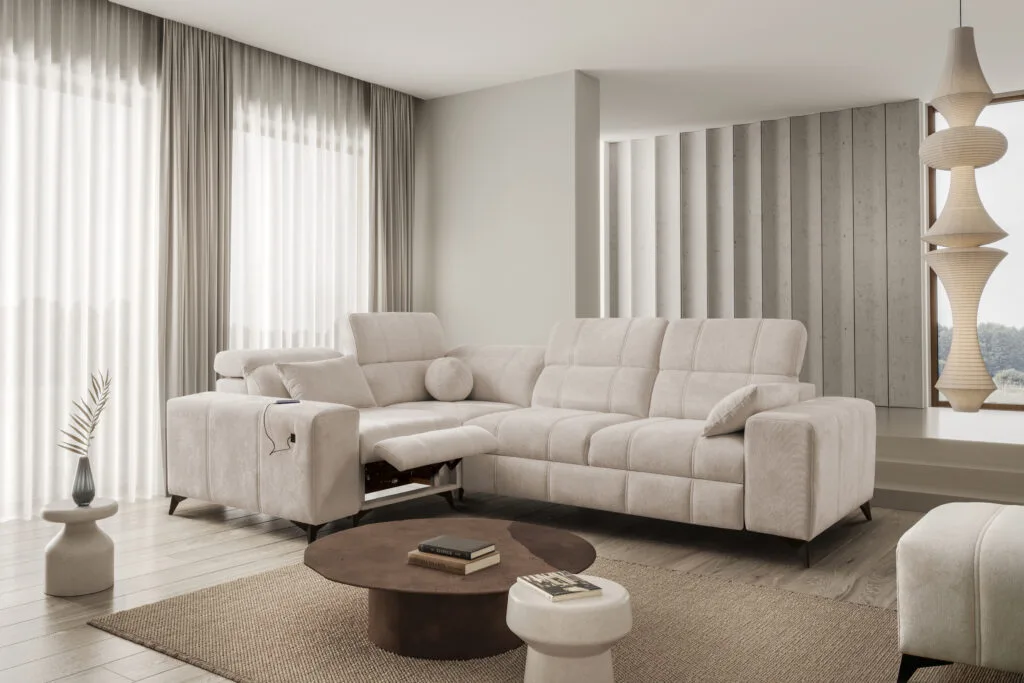 Dalia corner sofa bed with electric recliner. From lava corners and beige colour