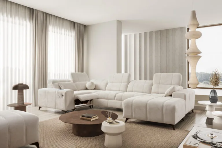 Dalia U shape corner sofa bed with electric recliner and adjustable headrest in cream fabric colour Lava Corners