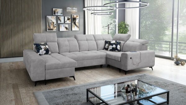 Grace U shape corner sofa bed with storage and usb cream colour Lava Corners