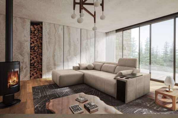 Marvelo L shape sofa bed, in brown colour in a living room,