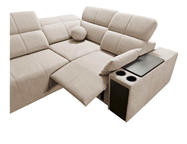 Corner sofa bed with cup holders and electric recliner. Right hand sided. close up picture showin grecliner