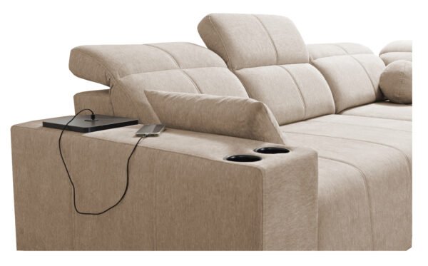 Corner sofa bed with cup holders and electric recliner. Right hand sided showing phone charging of usb port built in to the sofa's armrest