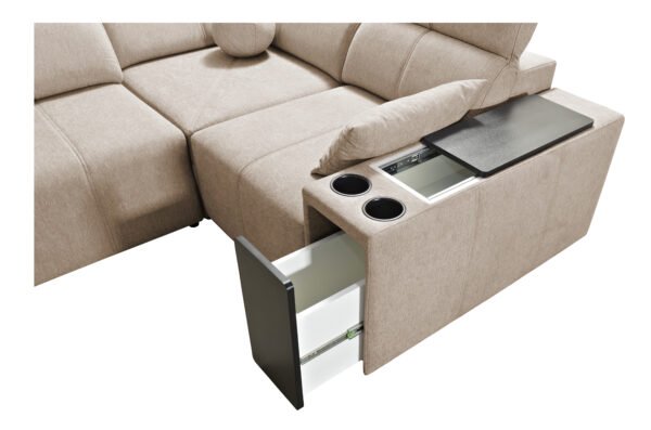 Corner sofa bed with cup holders and electric recliner. Right hand sided armrest storage opened