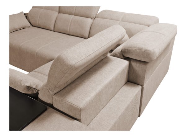 Corner sofa bed with cup holders and electric recliner. Right hand sided, showing headrests