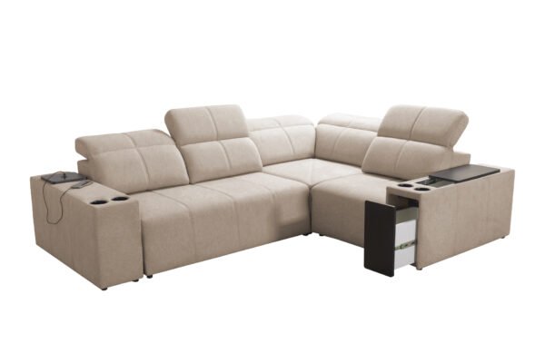 Corner sofa bed with cup holders and electric recliner. Right hand sided in light cream colour