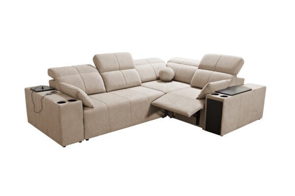 Corner sofa bed with cup holders and electric recliner. Right hand sided in light grey colour