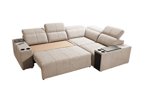 Corner sofa bed with cup holders and electric recliner. Right hand sided in light grey colour, bed option is pulled out