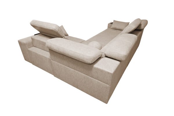 Corner sofa bed with cup holders and electric recliner. Right hand sided in light grey colour, showing the back of the sofa