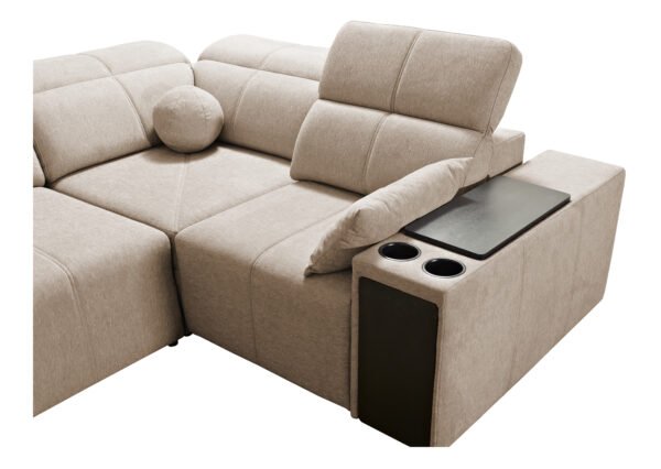 Corner sofa bed with cup holders and electric recliner. Right hand sided with recilner down