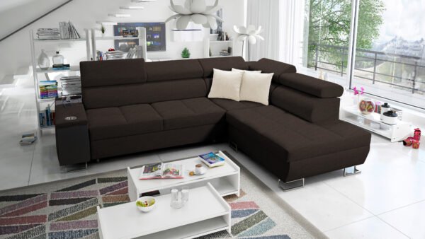 Merlin corner sofa bed in a livingroom,sofa colour light brown, l shape sofa bed