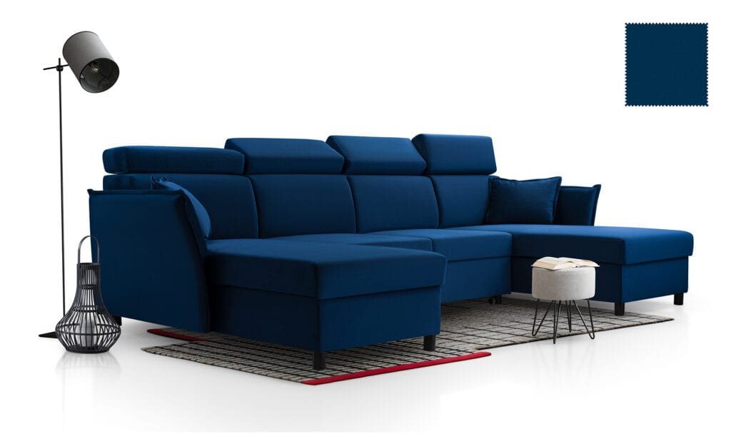 Moris small u shape sofa bed from Lava corners in navy blue fabric
