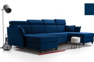Moris small u shape sofa bed from Lava corners in navy blue fabric