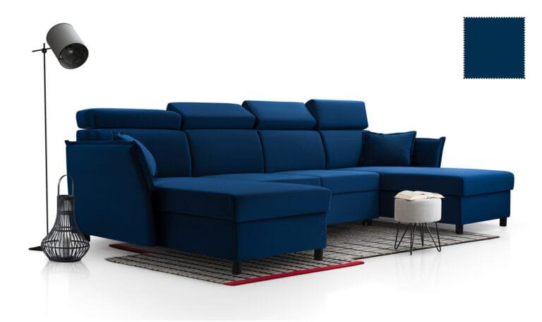 Moris small u shape sofa bed from Lava corners in navy blue fabric