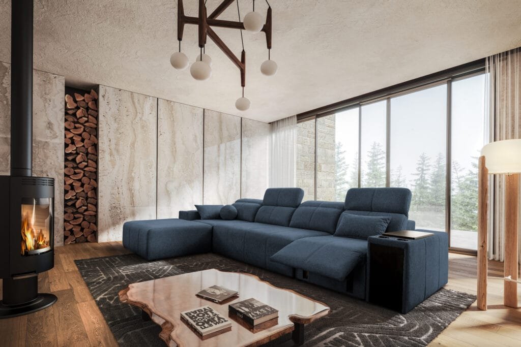 Marvello XII Corner Sof Bed with Electric Recliner from Lava Corners Furniture Store in navy