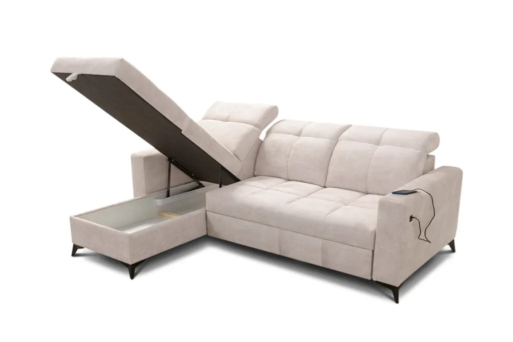 Ivory corner sofa bed with storage and usb charging point