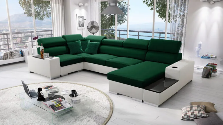 Paris IV U Shape Corner Sofa Bed in Green and White scaled