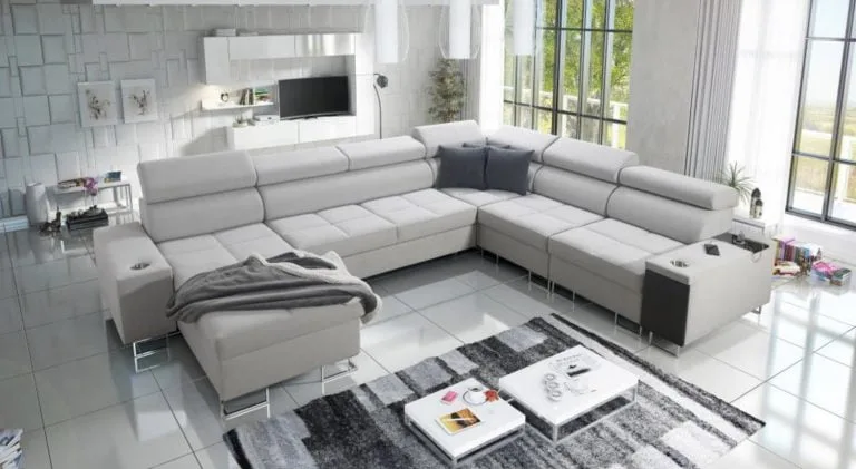 Merlin VIII U shape sofa bed merlin in light grey colour with pull out bar and usb port Lava Corners furniture store