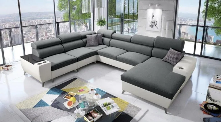 Movado VIII u shape corner sofa bed with adjustable headrest in white and dark grey colour with cup holders Lava Corners