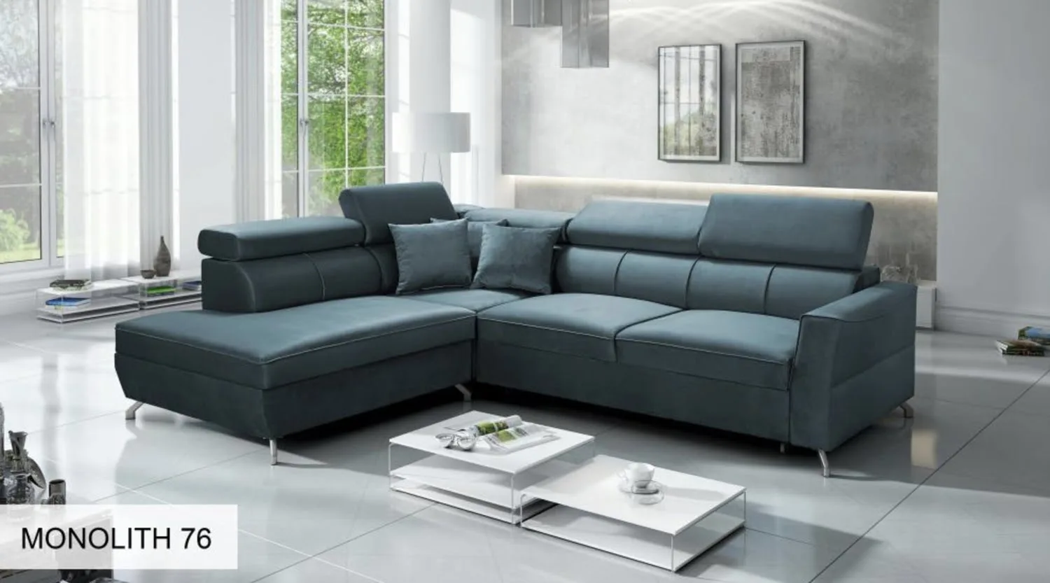 L Shape Sofa Bed Venice III mix in navy blue fabric colour and metal legs Lava Corners