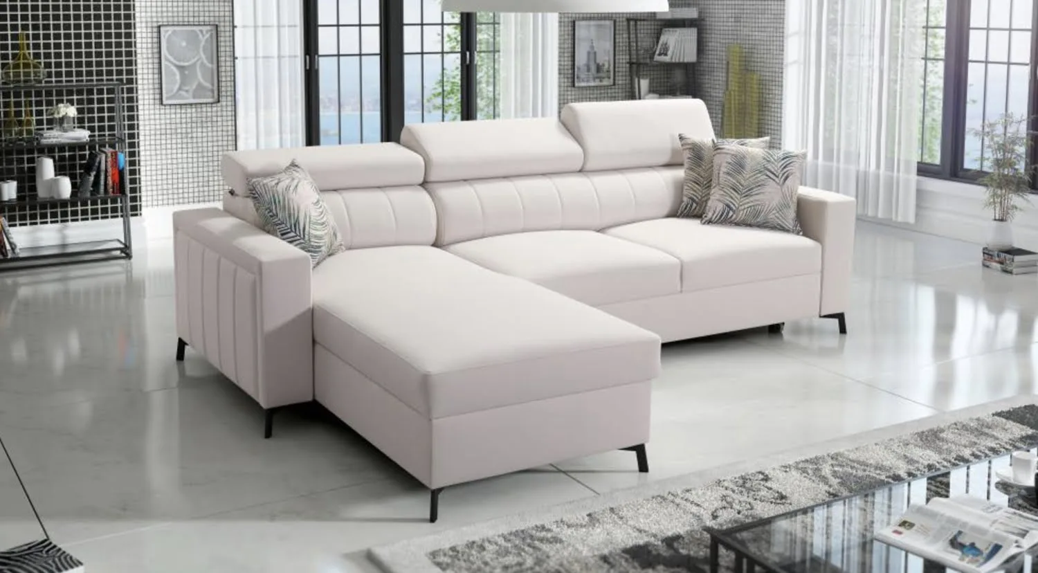 Baltin I Small L Shape sofa Bed in cream colour with 3 adjustable headrests Lava Corners