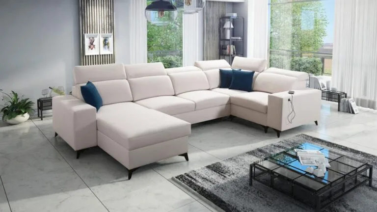 Lava Furniture Store U shape Sofa Bed with storage in light cream colour with navy blue cushions Furniture Store Galway